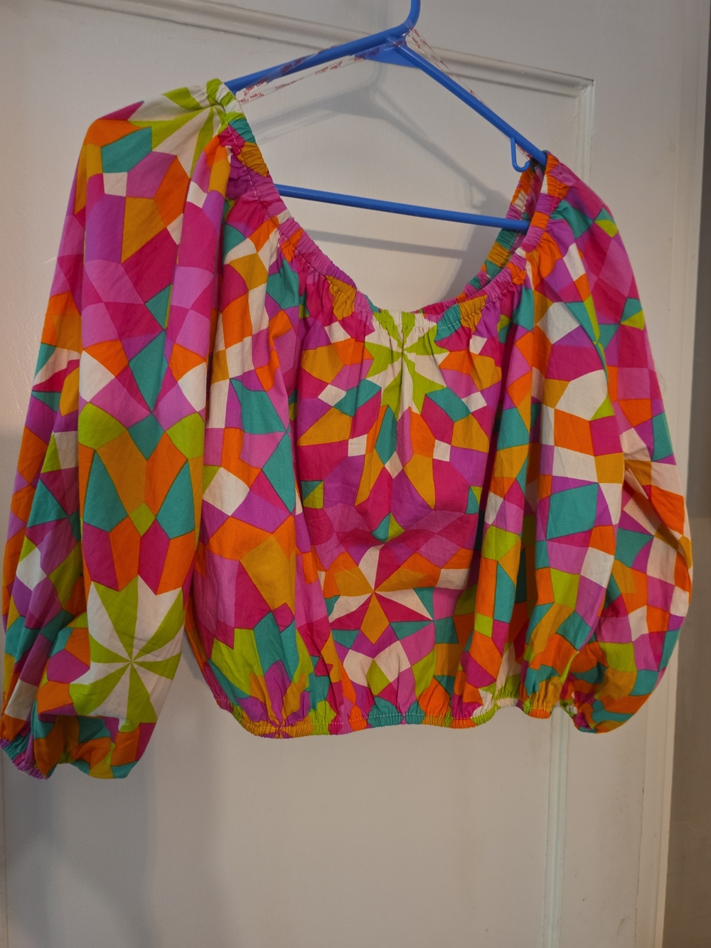 Bright Multicolor Geometric Off-Shoulder Crop Top